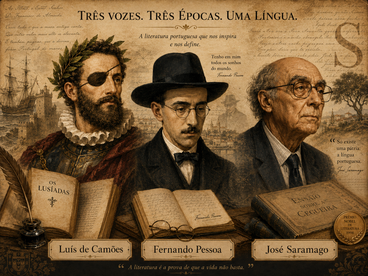 Ilustração de Luís de Camões, Fernando Pessoa e José Saramago